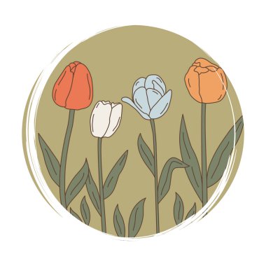 Sosyal medya hikayesi için sevimli vektör el çizimi logo tasarım şablonları, simge ve rozet ve yeşil arka planda renkli lale çiçekleriyle vurgu