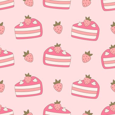 Şirin el çizimi, pembe arka planda çilekli pastalarla kusursuz vektör deseni çizimi