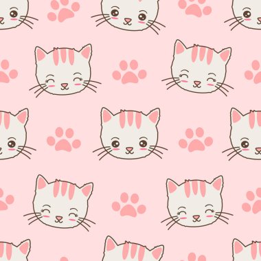Sevimli el çizimi çizgi film karakteri beyaz ve pembe kedi ve pençe izleri pembe arka planda kusursuz vektör deseni çizimi