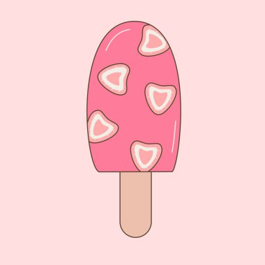 Tatlı el çizimi, pembe arka planda izole edilmiş çilekli dondurmalı vektör çizimi.