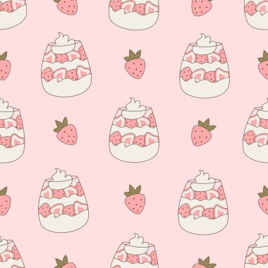 Şirin el çizimi kusursuz vektör çizimi, pembe arka planda krem şanti ve çilekli cam çizimi.