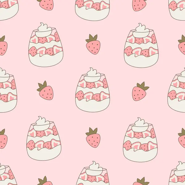 Şirin el çizimi kusursuz vektör çizimi, pembe arka planda krem şanti ve çilekli cam çizimi.