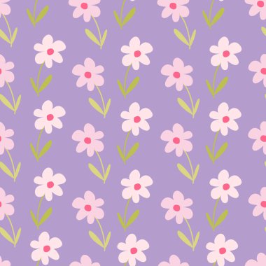 Şirin bir el çizilmiş pembe papatya çiçekleri mor arkaplanda kusursuz vektör deseni çizimi