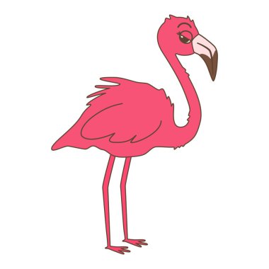 Beyaz arkaplanda izole edilmiş sevimli el çizimi çizgi film karakteri pembe flamingo komik vektör çizimi