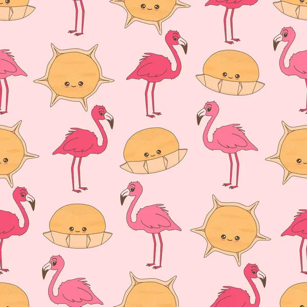 Sevimli el çizimi çizgi film karakteri pardüller geleneksel sardalya tatlıları ve flamingolar pembe arka planda kusursuz vektör çizimleri