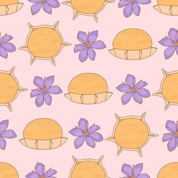 Safran çiçekleriyle sevimli pardüller çizilmiş. Geleneksel sardalya tatlıları. Pembe arka planda kusursuz vektör deseni çizimi.