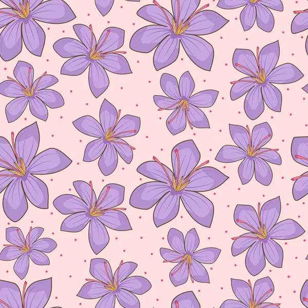 Şirin el çizimi safran çiçekleri Pembe arka planda pürüzsüz vektör deseni çizimi