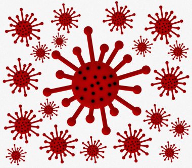 Beyaz arkaplanda izole edilmiş 3D illüstrasyon kırmızı koronavirüs simgeleri