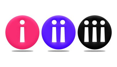 A 3D rendering of an abstract 3 colorful Buttons pink, blue, black showing: Information sign
