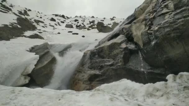 Slow Motion Closeup Small Ice Waterfall Caused Icy Stream Ice — Stock video