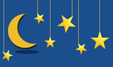 Crescent and stars on a blue background. concept for World Sleep day is observed every year in March, intended to be a celebration of sleep. 3D illustration