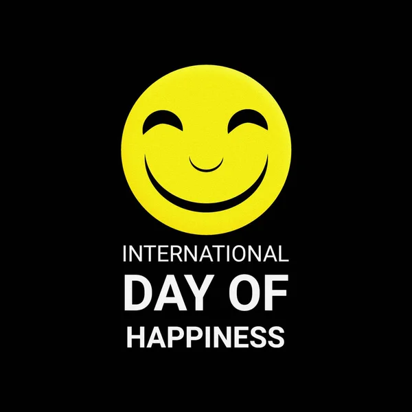 Dia Internacional Felicidade Ilustração Com Smiley Amarelo Sobre Fundo Preto — Fotografia de Stock