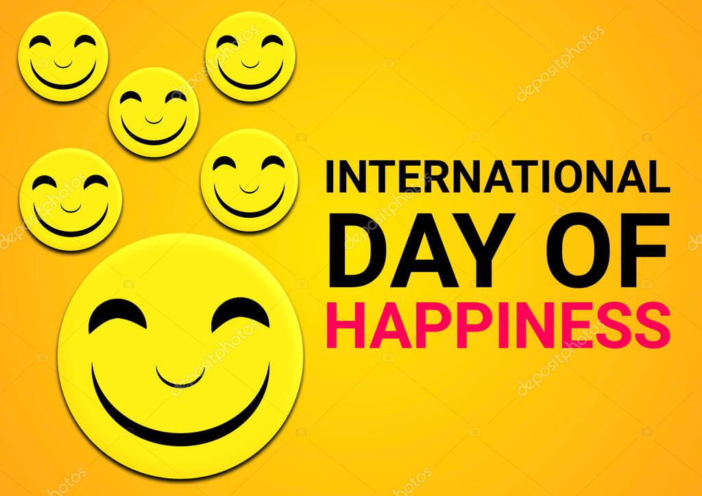 International Day Of Happiness text with smiley faces icon on yellow background. 3D illustration