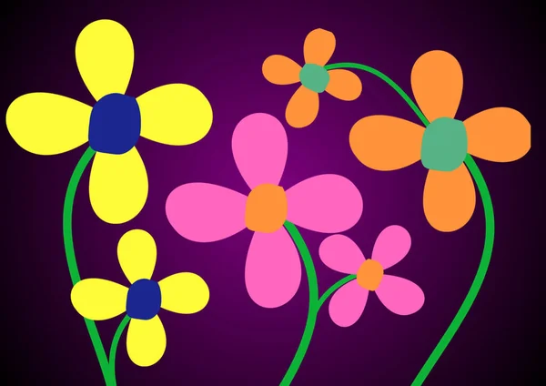 Flores Desenhos Animados Multicoloridos Fundo Roxo Ilustração Para Seu Design — Fotografia de Stock