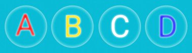 Bir dizi neon harfler A, B, C, D. 3D illüstrasyon
