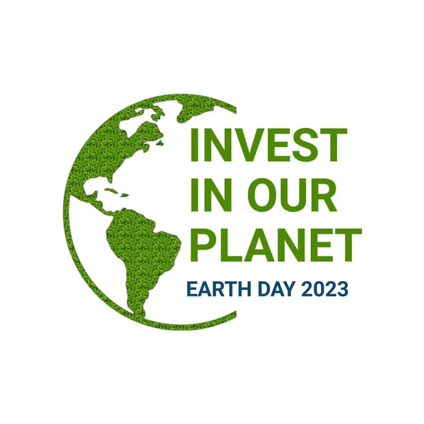 Invest in our planet. Earth day 2023 illustration concept background. Ecology concept. Design with globe map drawing and green grass isolated on white background.