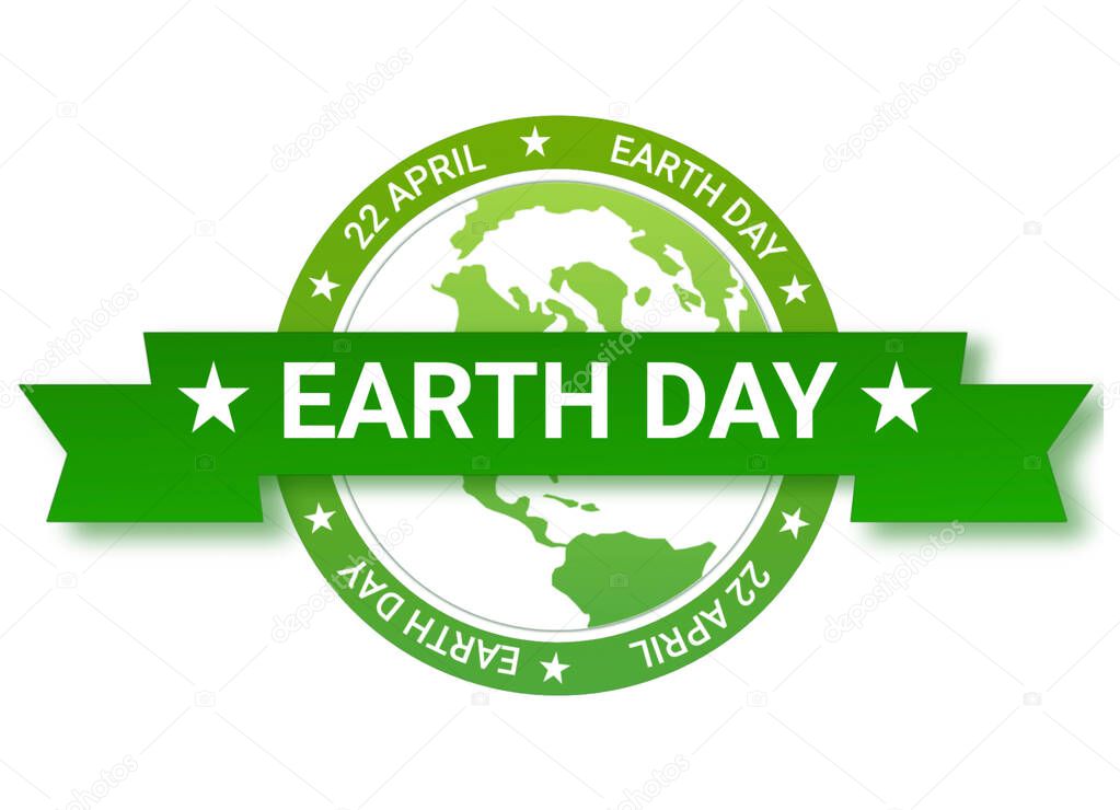 Earth Day - green ribbon with the image of the planet Earth on a white background. illustration
