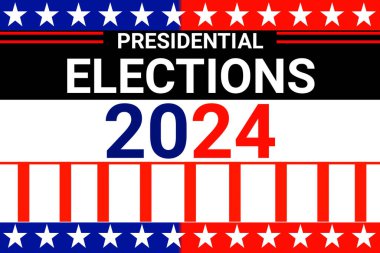 Başkanlık Seçimi 2024 Amerikan bayrağı renkleri ve çizgileri ile değiştirilebilir metin pankartı tasarımı. Kart, afiş ve arka plan. ABD seçim illüstrasyonu geçmişi