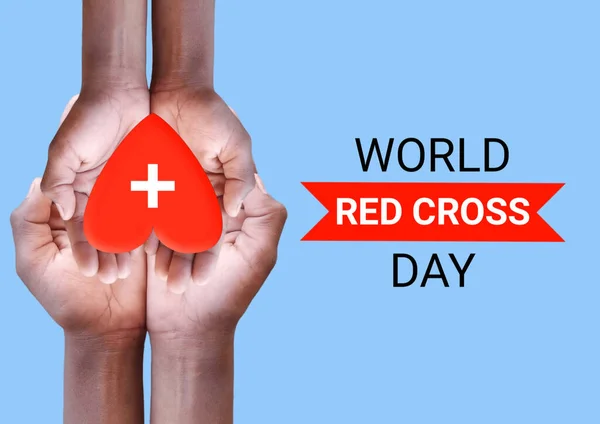 World Red Cross Day concept. Hands holding red heart symbol on blue background. Suitable for greeting card, poster and banner. illustration