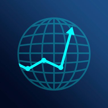 Koyu mavi arka planda küresel simgesi olan iş grafiği simgesi. Uzay dijital iş büyüme konseptini kopyala. Düz tasarım biçimi Vektör illüstrasyonu