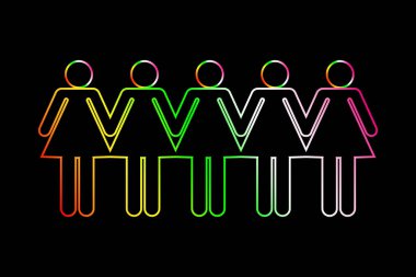 Katılım ve çeşitlilik bilgi seti. Siyah arka planda neon ışıklı bir kadın grubu. Web sitesi için illüstrasyon vektör logosu.