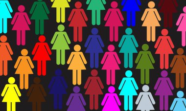 Siyah arka planda bir grup kadın silueti olan renkli bir çeşitlilik. Web Sitesi, Banner için vektör illüstrasyon logosu