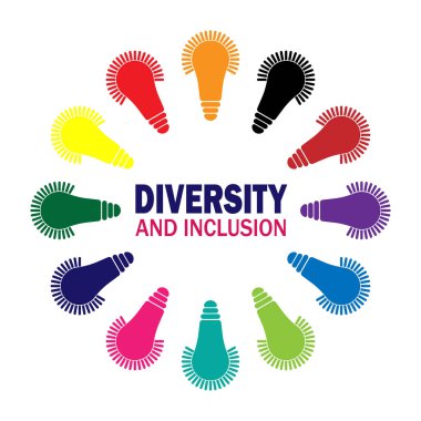Çeşitlilik ve dahil olma kavramı. Renkli ampullerin vektör çizimi. Logo, web sitesi, tebrik kartı, poster ve afiş için uygun