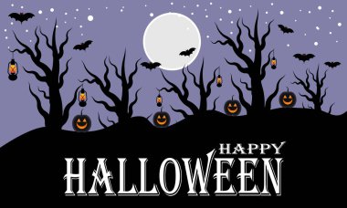 Balkabakları, yarasalar ve ay ile Cadılar Bayramı geçmişiniz kutlu olsun. Ekim ayının karanlık, ürkütücü ormanlarında sonbahar karanlık, balkabaklı, tüyler ürpertici kara ağaçlar. Cadılar Bayramı açık hava konseptiniz kutlu olsun. Vektör illüstrasyonu.