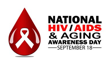 Ulusal HIV AIDS ve Yaşlanma Bilinci Günü. 18 Eylül. Kırmızı damla ve kurdeleli vektör çizimi. Tebrik kartı, poster ve afiş için uygun