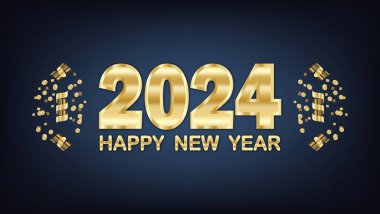 2024 Mutlu Yıllar. Altın yazılı tebrik kartı. Vektör illüstrasyonu