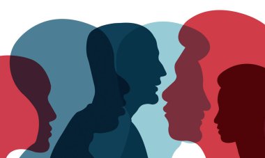 Farklı kültürlerden bir grup adamın silueti. Çeşitlilik kavramı. Vektör illüstrasyonu