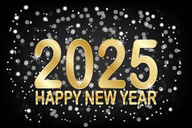 2025 mutlu yıllar tebrik kartı. Bokeh ile koyu arkaplan üzerinde altın metin.