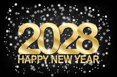 2028 mutlu yıllar. Siyah arkaplanda altın numaralar olan tebrik kartı. Vektör illüstrasyonu