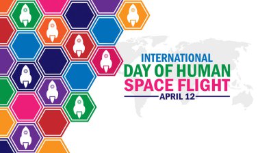 Uluslararası İnsan Uzay Uçuşu Günü. Tatil konsepti. Arkaplan, afiş, kart, metin yazımlı poster şablonu