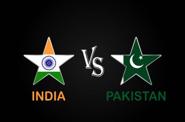 Hindistan Pakistan 'a karşı, Kriket Maçı konsepti. Katılımcı ülkelerin, siyah arka planda izole edilmiş Batsman ve Yıldızların yaratıcı çizimleriyle. Nazik vs PAK