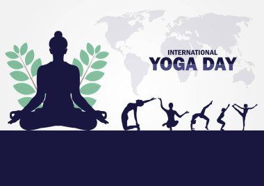 Uluslararası Yoga Günü. yoga vücut duruşu. Yoga yapan bir grup kadın. Pankart, poster veya el ilanı için vektör illüstrasyonu.