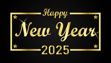 Mutlu yıllar 2025. Siyah arkaplanda altın yazı var. Vektör illüstrasyonu.