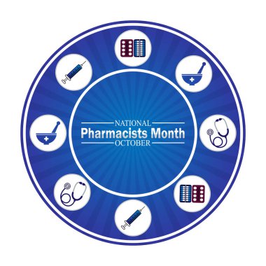 Ulusal Eczacılar Ayı. Ekim. Tatil konsepti. Arkaplan, afiş, kart, yazılı poster şablonu. Vektör illüstrasyonu