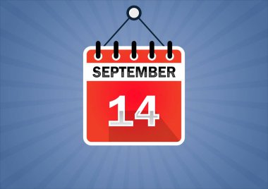 September 14, Calendar hanging sign. 14th days of the month, modern illustration. Date day of week Sunday, Monday, Tuesday, Wednesday, Thursday, Friday, Saturday. Flat style clipart