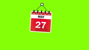 Yeşil ekran arka planında 27 Mayıs Takvim İşareti, kroma anahtarı. Pendulu Animasyon Takvimi - 27 Mayıs. 4k grafik hareketi
