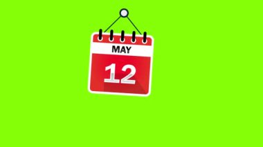 Yeşil ekran arka planında 12 Mayıs Takvim İşareti, kroma anahtarı. Pendulu Animasyon Takvimi - 12 Mayıs. 4k grafik hareketi