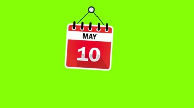 Yeşil ekran arka planında 10 Mayıs Takvim İşareti, kroma anahtarı. Pendulu Animasyon Takvimi - 10 Mayıs. 4k grafik hareketi