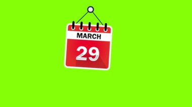 29 Mart Takvim İşareti yeşil ekran arka planı, kroma anahtarı. Pendulu Animasyon Takvimi - 29 Mart. 4k grafik hareketi