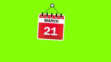 21 Mart takvim işareti yeşil ekran arka planı, kroma anahtarı. Pendulu Animasyon Takvimi - 21 Mart. 4k grafik hareketi