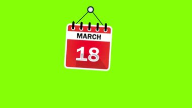 18 Mart takvim işareti yeşil ekran arka planı, kroma anahtarı. Pendulu Animasyon Takvimi - 18 Mart. 4k grafik hareketi