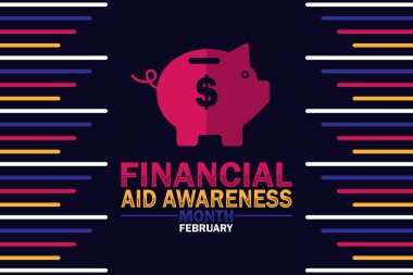 Finansal Yardım Ayının Şubat ayı duvar kağıdı şekilleri ve tipografisi, afişi, kartı, posteri, şablonu. Finansal Yardım Bilinci Ay Şubat, Modern arka plan