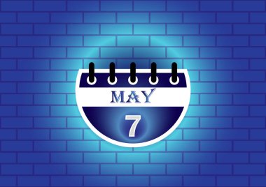 A graphic design of a calendar page showing May 7th. The page is circular and blue, set against a textured blue brick wall. The overall aesthetic is modern and minimalist. clipart