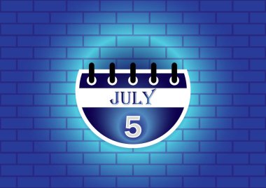 A graphic design of a calendar page showing July 5th. The page is circular and blue, set against a textured blue brick wall. The overall aesthetic is modern and minimalist. clipart