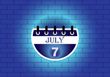 A graphic design of a calendar page showing July 7th. The page is circular and blue, set against a textured blue brick wall. The overall aesthetic is modern and minimalist. clipart