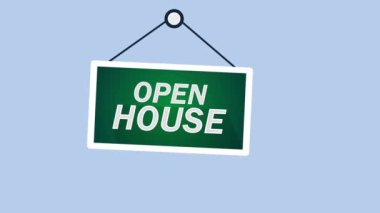 Gökyüzü arka planında asılı video animasyon Açık Ev tabelası. 4k grafik hareketi